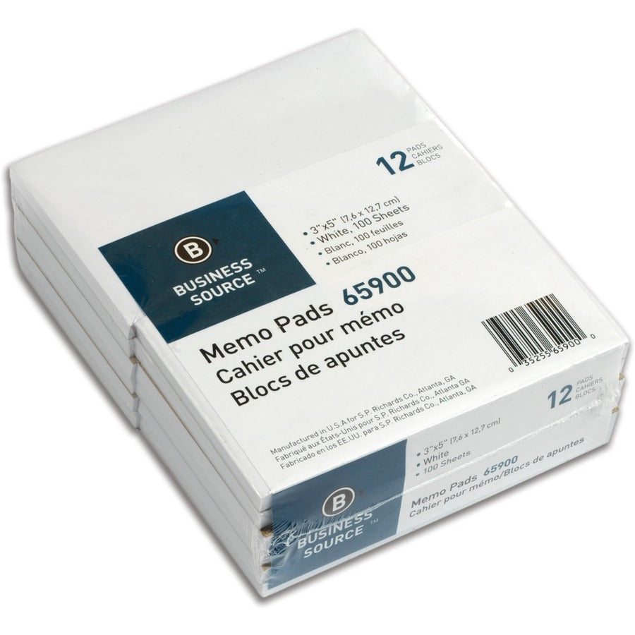 Business Source Plain Memo Pads - 100 Sheets - Plain - Glued - Unruled Front Ruling - 15 lb Basis Weight - 3" x 5" Sheet Size - White Paper - Chipboard Backing - 1 Dozen