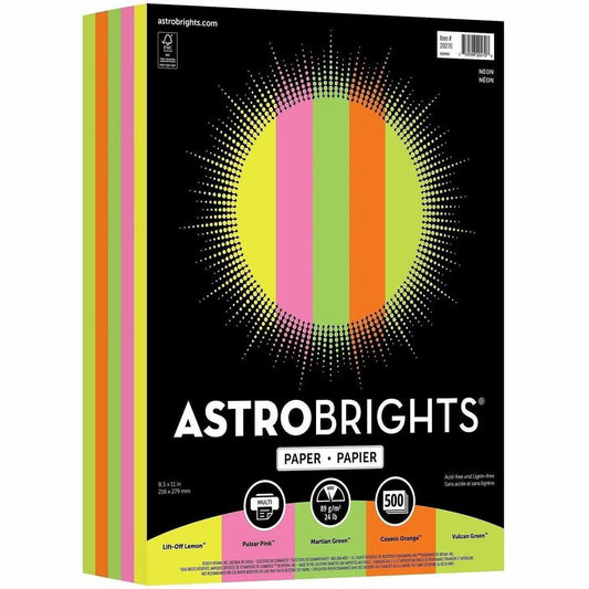 Astrobrights Color Copy Paper - "Neon" , 5 Assorted Colours - Letter - 8 1/2" x 11" - 24 lb Basis Weight - Green Seal - Acid-free, Lignin-free, Heavyweight, Fade Resistant - Cosmic Orange, Lift-off Lemon, Martian Green, Pulsar Pink, Vulcan Green - 1 Ream