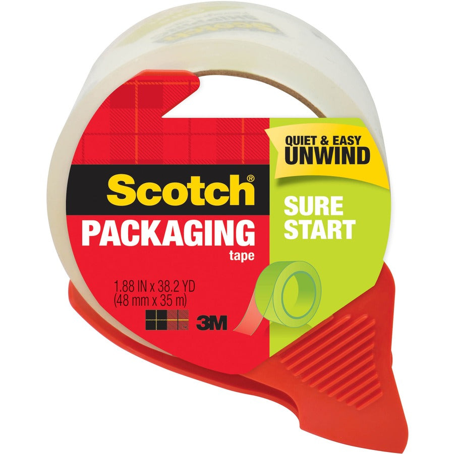 Scotch Sure Start Packaging Tape - 38.20 yd Length x 1.88" Width x 2.6 mil Thickness - 3" Core - Clear - Synthetic Rubber Backing - Dispenser Included - Handheld Dispenser - Breakage Resistance - For Mailing, Moving, Packing, Sealing - 1 Roll