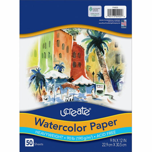 UCreate Watercolor Paper - 9" x 12" - 90 lb Basis Weight - Vellum - Sustainable Forestry Initiative (SFI) - Acid-free - White - 1 Pack