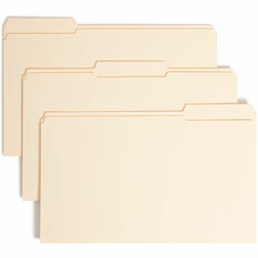 Smead SafeSHIELD 1/3 Tab Cut Legal Recycled Fastener Folder - 8 1/2" x 14" - 3/4" Expansion - 2 x 2S Fastener - Top Tab Location - Assorted Tab Position - 11 pt. - 2 Plys - Manila - Reinforced Tab - 10% Recycled - 50 / Box