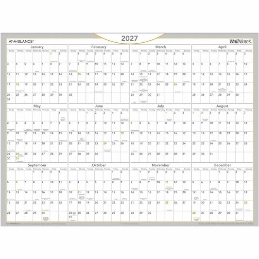 At-A-Glance WallMates Self-Adhesive Dry-Erase Calendar - Large - Yearly - 12 Month - January 2027 to December 2027 - 18" x 24" Sheet Size - White Sheet - White - Laminate - 1 Each