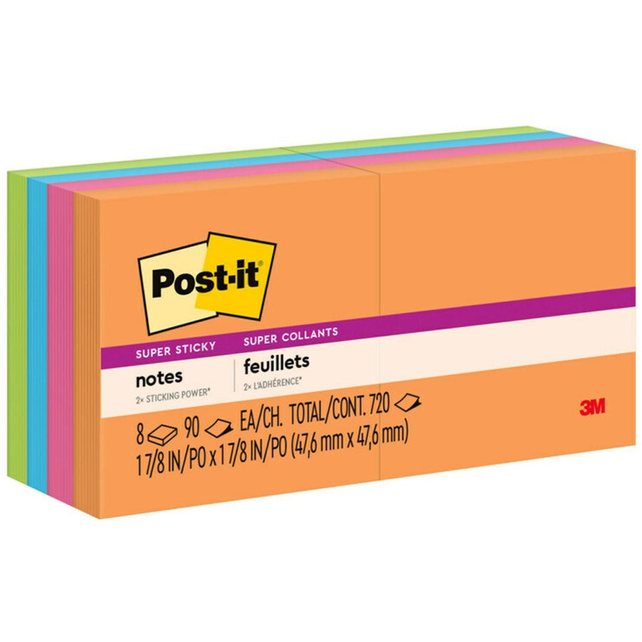 Post-it&reg, Super Sticky Notes - Energy Boost Color Collection - 720 - 2" Flag/Note Width x 2" Flag/Note Length - Square - 90 Sheets per Pad - Unruled - Vital Orange, Tropical Pink, Limeade, Blue Paradise - Paper - Self-adhesive - 8 / Pack