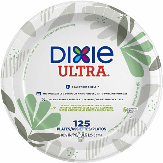 Dixie Ultra&reg, Pathways 10-1/16" Heavyweight Paper Plates by GP Pro - Serving - Pathways - Microwave Safe - 10.1" Diameter - White - Paper Body - 125/Pack - 4 / Carton