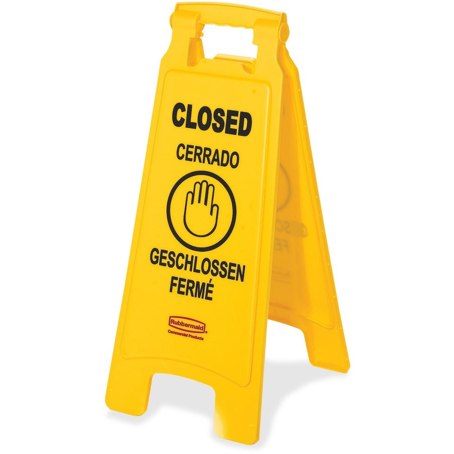 Rubbermaid Commercial Closed Multi-Lingual Floor Sign - English, French, German, Spanish - Print/Message "CLOSED" - 11" Width x 25" Height x 12" Depth - Rectangular Shape - Hanging - Double Sided - Lightweight, Durable, Multilingual, Fade Resistant, Co...