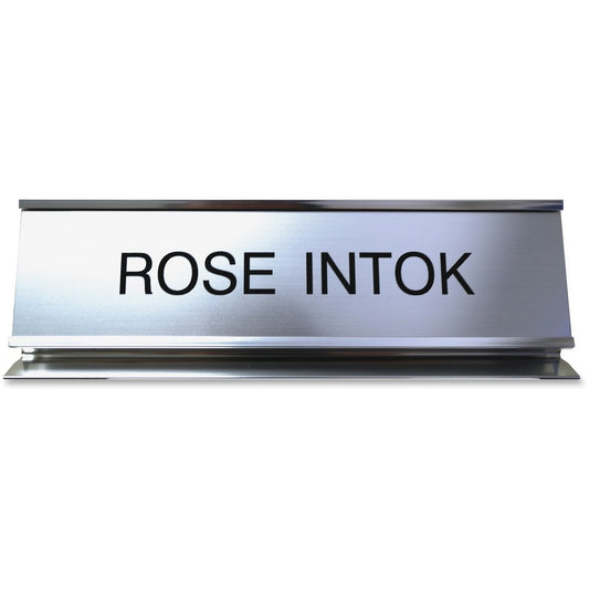 Xstamper Pedestal Aluminum Desk Sign - 8" Holding Width x 2" Holding Height - Rectangular Shape - Long Lasting, Durable - Aluminum, Plastic - Silver - 1 Each