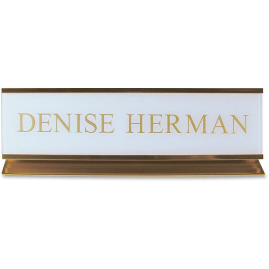 Xstamper Pedestal Aluminum Desk Sign - 8" Holding Width x 2" Holding Height - Rectangular Shape - Long Lasting, Durable - Aluminum, Plastic - Gold - 1 Each