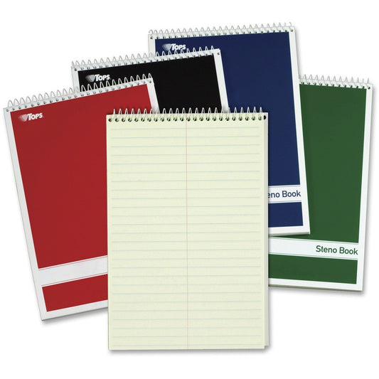 TOPS Gregg-ruled Steno Book - 80 Sheets - Wire Bound - 15 lb Basis Weight - 6" x 9" Sheet Size - 9" Height x 6" Width - Green Tint Paper - Red, Green, Black, Blue Cover - Durable Cover, Rigid, Acid-free - 1 Pack