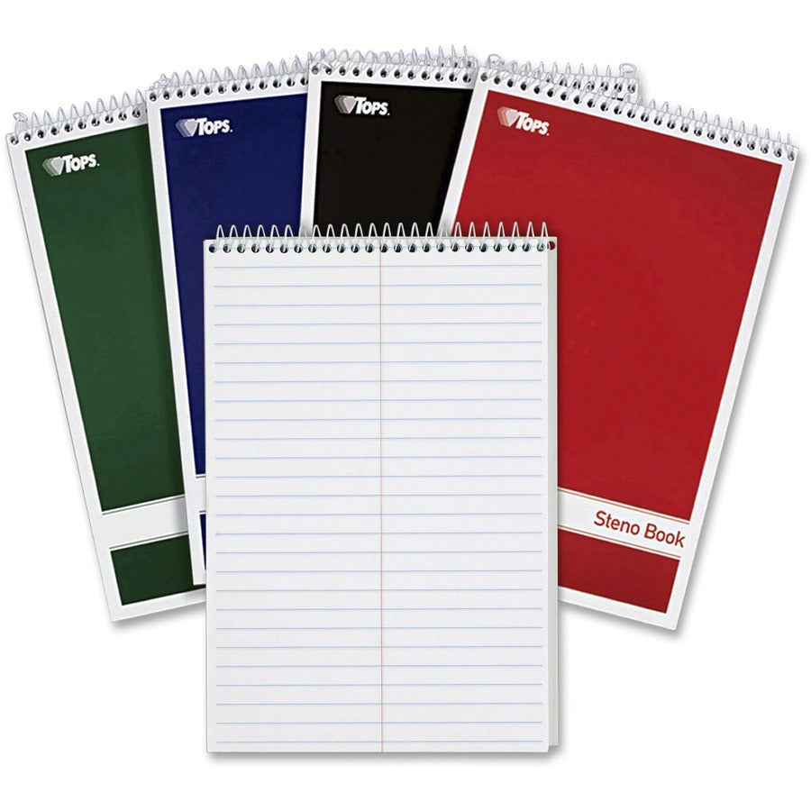 TOPS Gregg-ruled Steno Book - 80 Sheets - Wire Bound - 15 lb Basis Weight - 6" x 9" Sheet Size - 1.25" Height x 9" Width x 6" Length - White Paper - Red, Green, Black, Blue Cover - Durable Cover, Rigid, Chipboard Backing, Acid-free - 4 / Pack