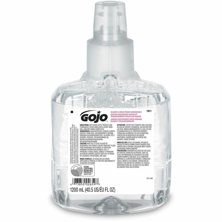 Gojo&reg, LTX-12 Clear Mild Foam Handwash Refill - 1.27 quart - Hand, Skin - Moisturizing - Clear - Fragrance-free, Dye-free, Bio-based, Rich Lather, Eco-friendly - 1 Each