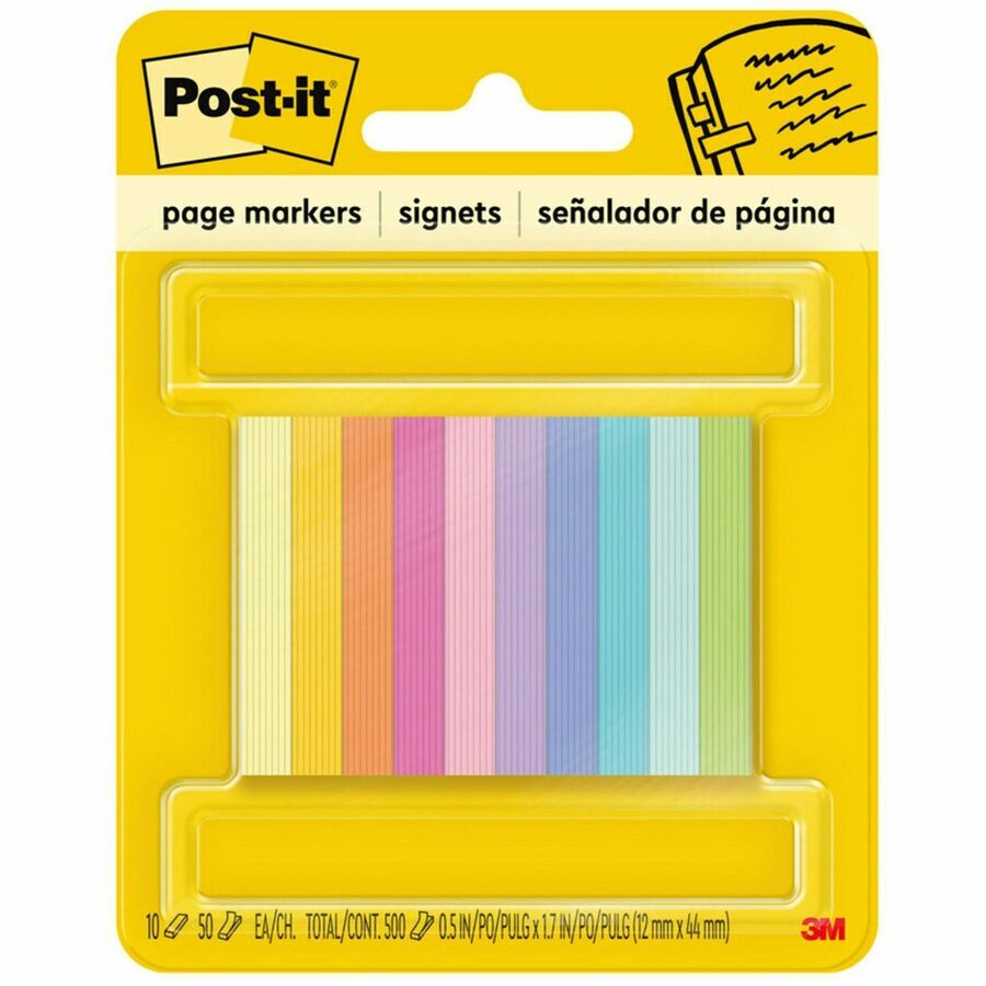 Post-it&reg, Page Markers - 1/2"W - Bright Colors - 500 x Assorted - 1/2" Flag/Note Width x 2" Flag/Note Length - Rectangle - Unruled - Assorted - Paper - Self-adhesive, Removable, Reusable, Repositionable - 500 / Pack