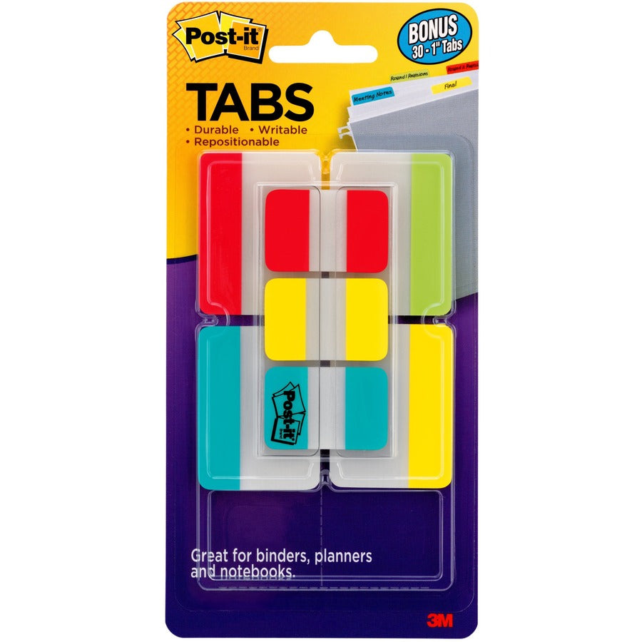 Post-it&reg, Tabs Value Pack - Primary Colors - Write-on Tab(s) - 1" Tab Height x 2" Tab Width - Red, Yellow, Blue, Green Tab(s) - Tear Resistant, Wear Resistant, Durable, Repositionable - 66 / Pack