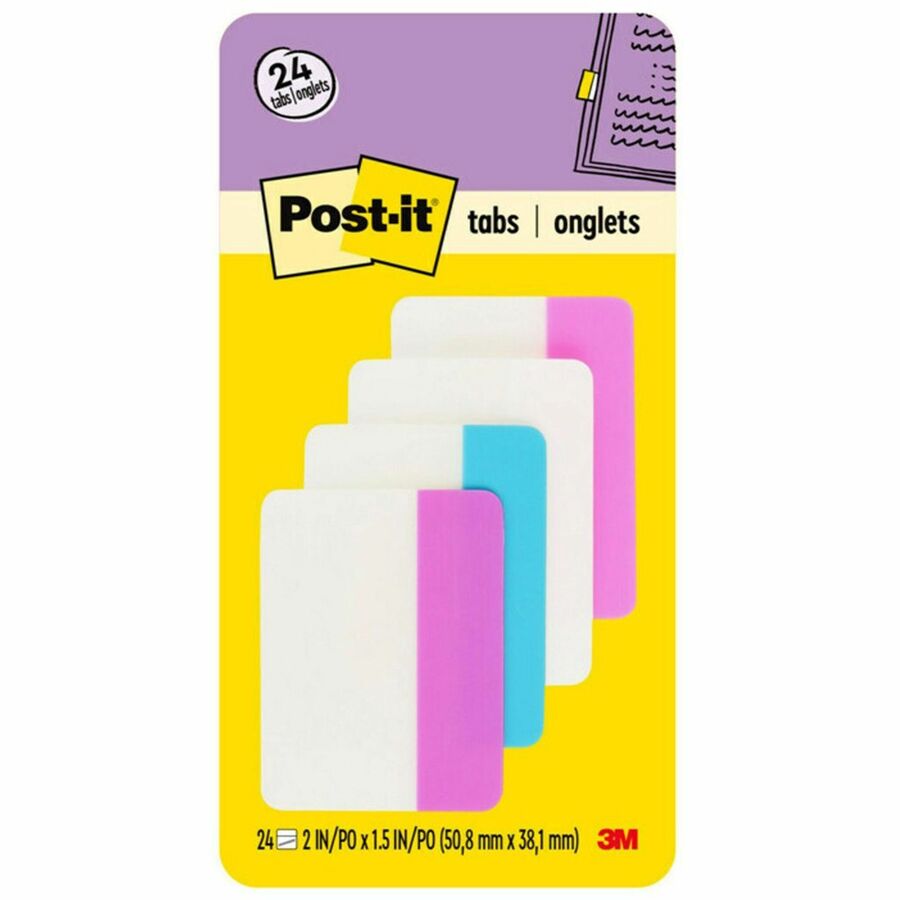 Post-it&reg, Filing Tabs - Write-on Tab(s) - 1.50" Tab Height x 2" Tab Width - Purple, Blue, White, Pink Tab(s) - Reusable, Repositionable, Durable, Wear Resistant, Tear Resistant - 24 / Pack