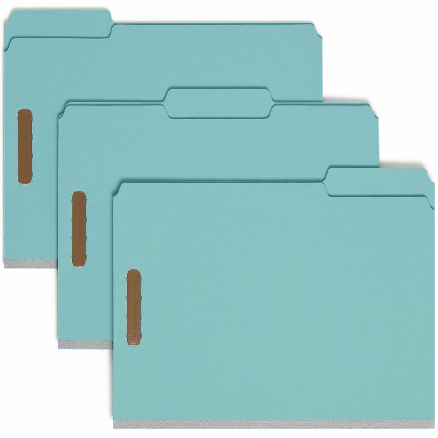 Smead 1/3 Tab Cut Letter Fastener Folder - 8 1/2" x 11" - 3" Expansion - 2 x 2K Fastener - Assorted Tab Position - 1 Plys - Pressboard - Blue - Eco-friendly, Heavy Duty, Dye-free - 100% Recycled - 25 / Box