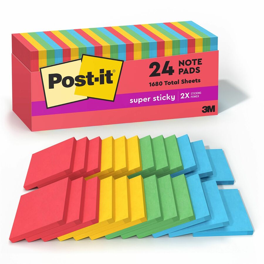 Post-it, Super Sticky Notes Cabinet Pack - Playful Primaries Color Collection - 1680 x Electric Glow Assorted - 3" Flag/Note Width x 3" Flag/Note Length - Square - 70 Sheets per Pad - Unruled - Candy Apple Red, Sunnyside, Lucky Green, Blue Paradise...