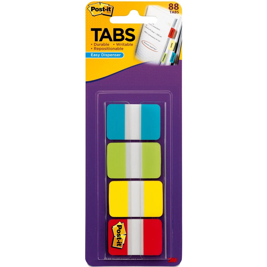 Post-it&reg, Tabs in On-the-Go Dispenser - 88 Write-on Tab(s) - 1.50" Tab Height x 1" Tab Width - Blue, Green, Yellow, Red Tab(s) - Repositionable - 1 Pack
