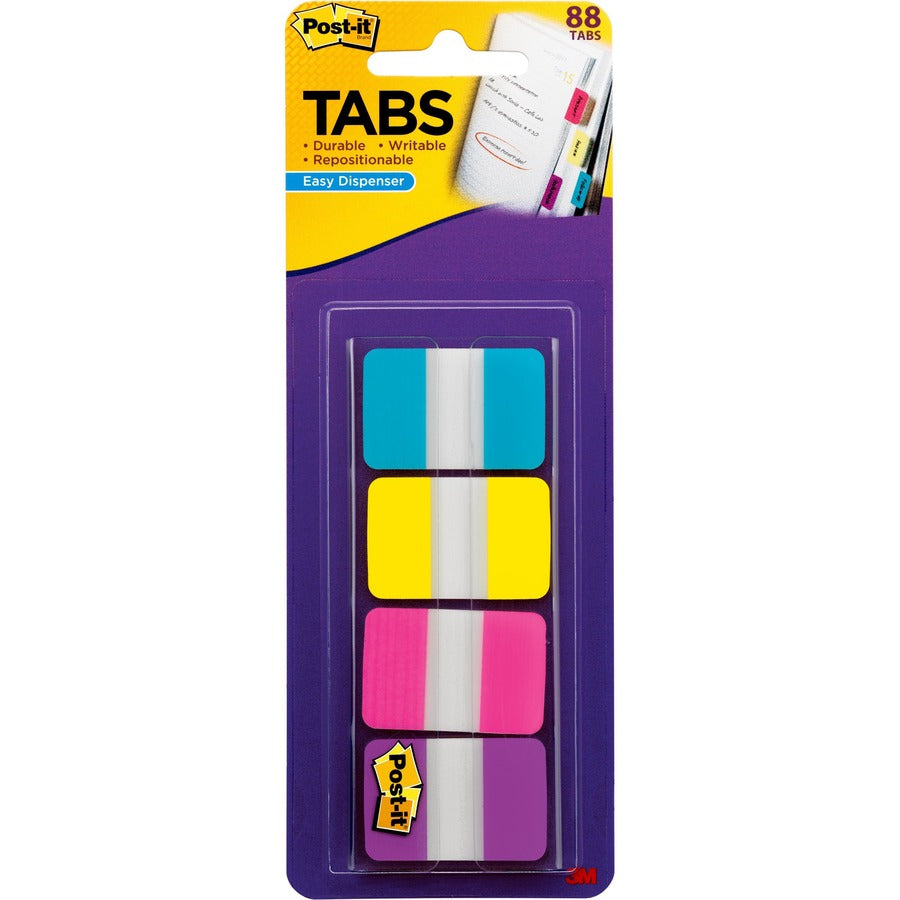 Post-it&reg, Tabs - 88 Write-on Tab(s) - 1.50" Tab Height x 1" Tab Width - Blue, Yellow, Pink, Purple Tab(s) - Repositionable - 1 Pack