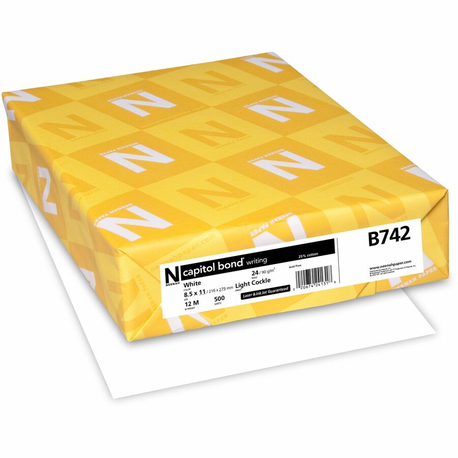 Neenah Capitol Bond Paper - White - 91 Brightness - Letter - 8 1/2" x 11" - 24 lb Basis Weight - Cockle - Watermarked - Bright White - 1 Ream