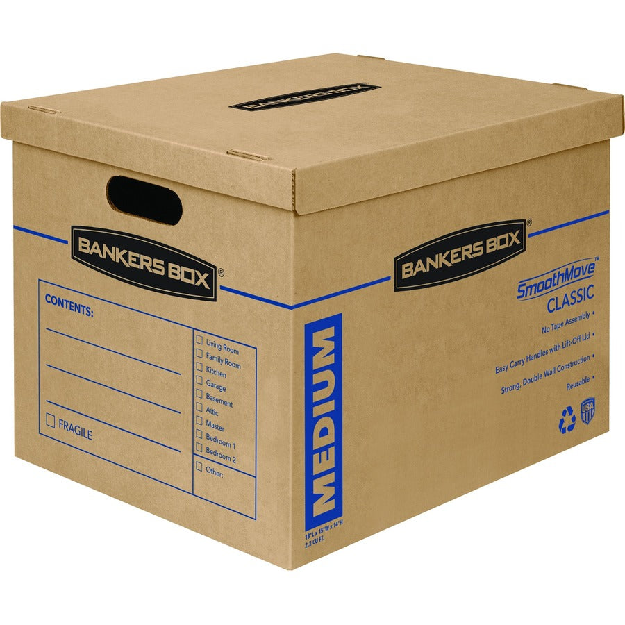 Fellowes Bankers Box SmoothMove Classic Moving Boxes, Medium - Internal Dimensions: 15" Width x 18" Depth x 14" Height - External Dimensions: 15.5" Width x 19" Depth x 14.5" Height - Lift-off Closure - Kraft - 8 / Carton