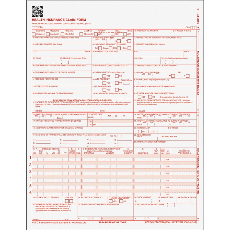 TOPS CMS-15000 Health Insurance Claim Forms - 20 lb - 11" x 8.50" Sheet Size - White Sheet(s) - Red Print Color - 1 Pack