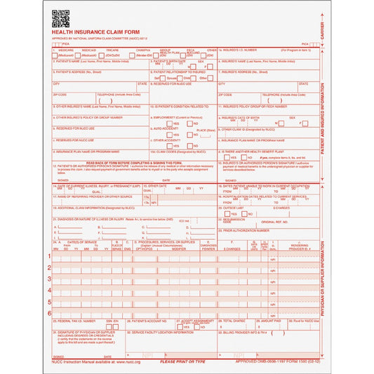 TOPS CMS-15000 Health Insurance Claim Forms - 20 lb - 11" x 8.50" Sheet Size - White Sheet(s) - Red Print Color - 1 Pack