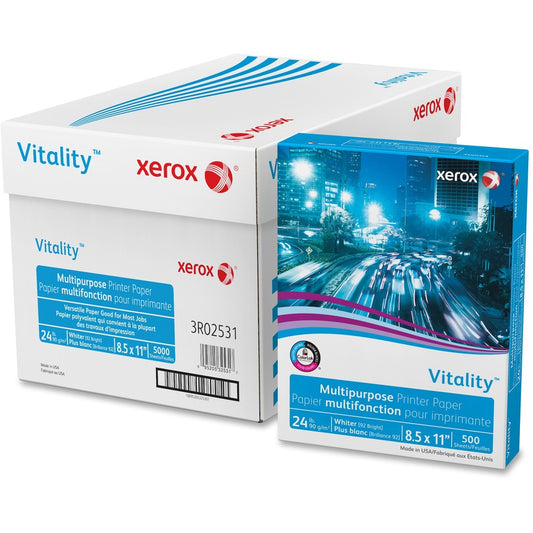 Xerox Vitality Multipurpose Printer Paper - White - 92 Brightness - Letter - 8 1/2" x 11" - 24 lb Basis Weight - Sustainable Forestry Initiative (SFI) - Jam-free, Low Dusting, Precision-cut Edge, ColorLok Technology - White - 500 Sheets per Ream - 5000...