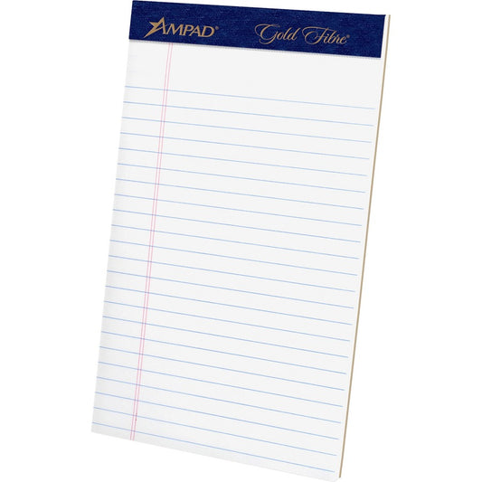 Ampad Gold Fibre Medium Ruled Perforated Remanufactured Jr. Legal Pads - 50 Sheets - Watermark - Stapled/Glued - 5" x 8" Sheet Size - White Paper - Micro Perforated, Bleed-free, Chipboard Backing - 4 / Pack