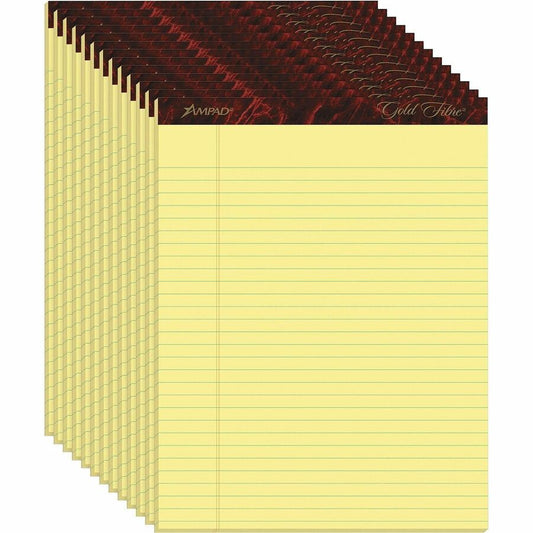 Ampad Gold Fibre Premium Rule Writing Pads - Letter - 50 Sheets - Watermark - Stapled/Glued - 0.34" Ruled - 16 lb Basis Weight - Letter - 8 1/2" x 11 3/4" Sheet Size - Yellow Paper - Bleed-free, Micro Perforated, Chipboard Backing - 12 / Dozen