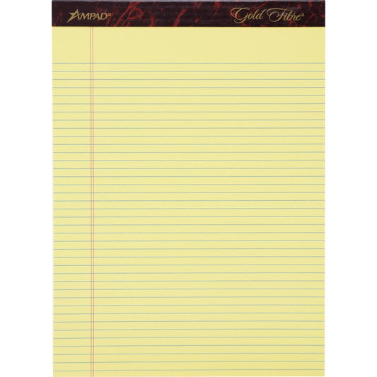 Ampad Gold Fibre Narrow Rule Writing Pads - 50 Sheets - Watermark - Stapled/Glued - 0.25" Ruled - 16 lb Basis Weight - Letter - 8 1/2" x 11 3/4" Sheet Size - Canary Yellow Paper - Micro Perforated, Bleed-free, Chipboard Backing - 12 / Dozen