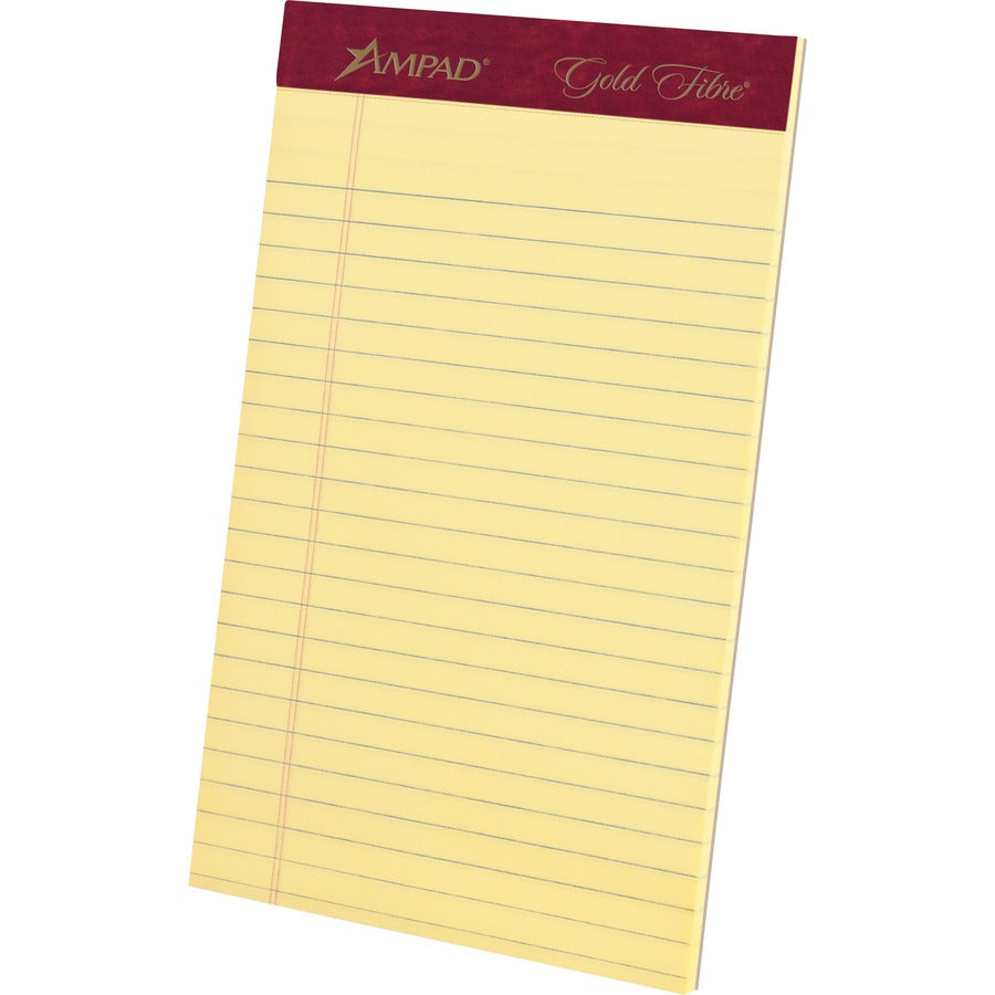 TOPS Gold Fibre Premium Jr. Legal Writing Pads - 50 Sheets - Watermark - Stapled/Glued - 0.28" Ruled - 20 lb Basis Weight - 5" x 8" Sheet Size - Canary Paper - Bleed-free, Chipboard Backing, Micro Perforated - 4 / Pack