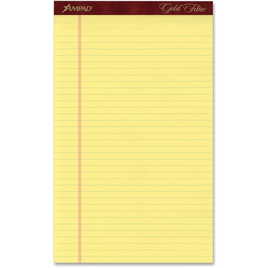 TOPS Gold Fibre Premium Rule Writing Pads - Legal - 50 Sheets - Watermark - Stapled/Glued - 0.34" Ruled - 16 lb Basis Weight - Legal - 8 1/2" x 14" Sheet Size - Yellow Paper - Bleed-free, Chipboard Backing, Micro Perforated - 12 / Pack
