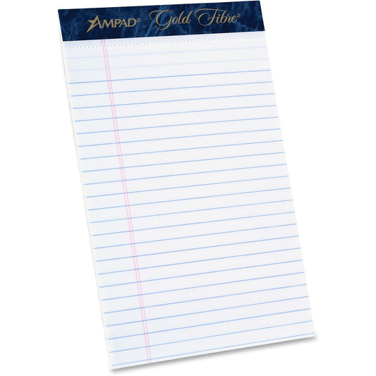TOPS Ampad Gold Fibre Medium Rule Premium Junior Size Writing Pads - 50 Sheets - Watermark - Stapled/Glued - 16 lb Basis Weight - 5" x 8" Sheet Size - White Paper - Dark Blue Binding - Micro Perforated, Bleed-free, Chipboard Backing - 12 / Dozen