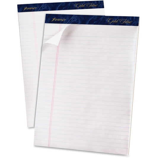 TOPS Gold Fibre Ruled Perforated Writing Pads - Letter - 50 Sheets - Watermark - Stapled/Glued - 0.34" Ruled - 16 lb Basis Weight - Letter - 8 1/2" x 11" Sheet Size - Dark Blue Binding - Bleed-free, Micro Perforated, Chipboard Backing - 12 / Dozen