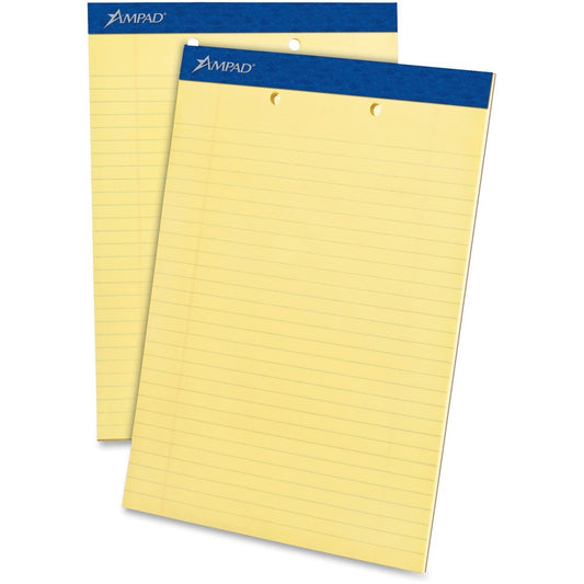 Ampad Writing Pad - 50 Sheets - Stapled - 0.34" Ruled - 15 lb Basis Weight - Letter - 8 1/2" x 11" Sheet Size x 8.5" Width x 11.8" Length - Canary Yellow Paper - Dark Blue Binding - Micro Perforated, Sturdy Back, Chipboard Backing, Tear Resistant - 12...