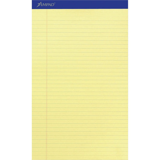 Ampad Writing Pad - 50 Sheets - Stapled - 0.34" Ruled - 15 lb Basis Weight - Legal - 8 1/2" x 14" Sheet Size - Canary Yellow Paper - Dark Blue Binding - Perforated, Sturdy Back, Chipboard Backing, Tear Resistant - 12 / Dozen