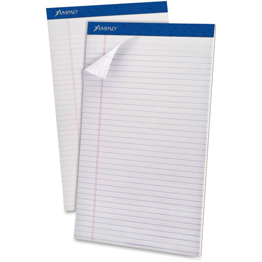 Ampad Perforated Ruled Pads - Legal - 50 Sheets - Stapled - 0.34" Ruled - 20 lb Basis Weight - Legal - 8 1/2" x 14" Sheet Size - White Paper - White Cover - Sturdy Back, Header Strip, Pinhole Perforated, Chipboard Backing - 12 / Dozen