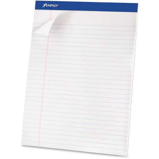 Ampad Basic Perforated Writing Pads - 50 Sheets - Stapled - 0.34" Ruled - 15 lb Basis Weight - 8 1/2" x 11 3/4" Sheet Size - White Paper - White Cover - Sturdy Back, Header Strip, Micro Perforated, Chipboard Backing - 1 Dozen