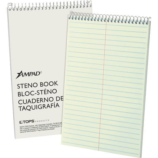 Ampad Kraft Cover Steno Book - 80 Sheets - Wire Bound - Front Ruling Surface - 0.34" Ruled - Gregg Ruled Margin - 15 lb Basis Weight - 6" x 9" Sheet Size - Green Tint Paper - Kraft Cover - Chipboard Backing, Rigid, WireLock, Snag Resistant, Sturdy Cove...