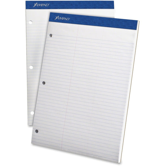 Ampad Double Sheet Writing Pads - 100 Sheets - 15 lb Basis Weight - 8 1/2" x 11 3/4" Sheet Size - 11.75" Height x 8.5" Width x 0.4" Depth - White Paper - Micro Perforated, Easy Tear, Rigid, Chipboard Backing - 1 Pad