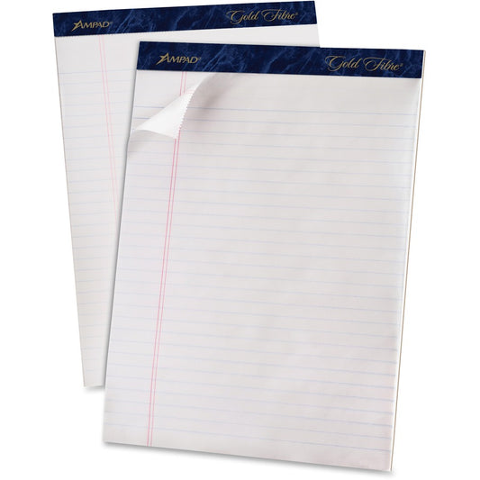 TOPS Gold Fibre Ruled Perforated Writing Pads - Letter - 50 Sheets - Watermark - Stapled/Glued - Front Ruling Surface - 0.34" Ruled - Ruled Margin - 20 lb Basis Weight - Letter - 8 1/2" x 11 3/4" Sheet Size - White Paper - Dark Blue Binding - Micro Per...