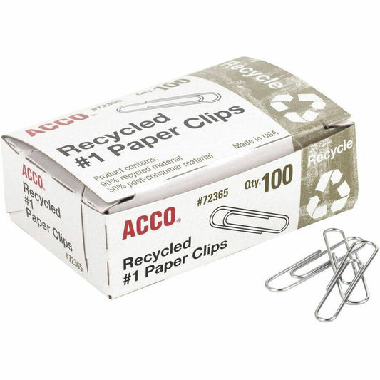 ACCO Recycled Paper Clips - No. 1 - 1.3" Length - 10 Sheet Capacity - Durable, Reusable - Silver - Metal - 100/Box - 10 / Pack