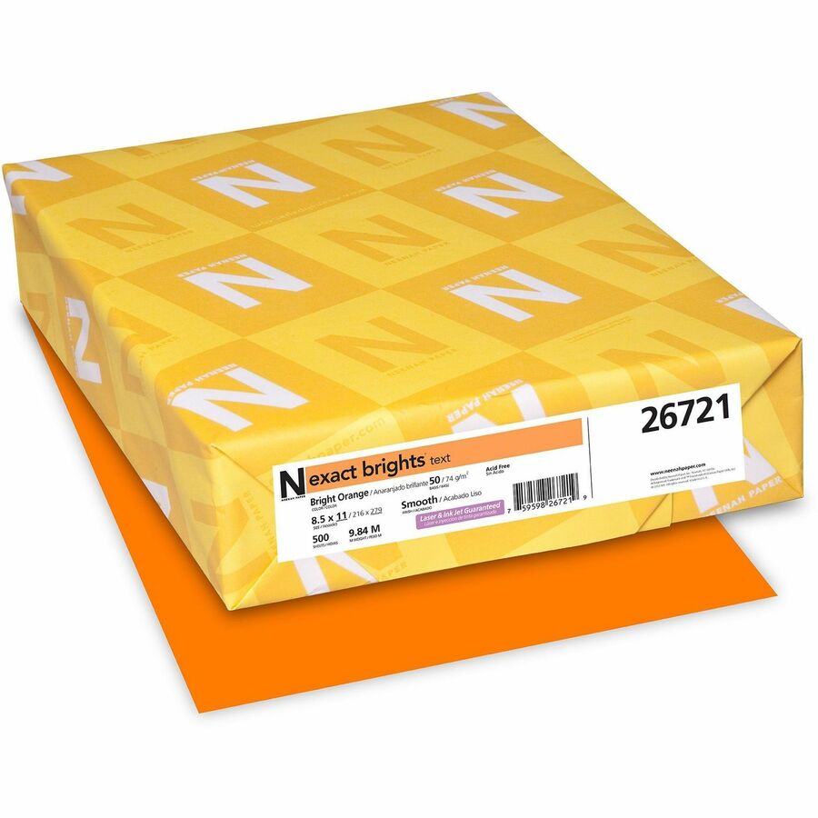 Exact Brights, Smooth Colored Paper - Orange - Letter - 8 1/2" x 11" - 50 lb Basis Weight - Smooth - Printable, Lignin-free, Acid-free - Bright Orange - 500 / Pack