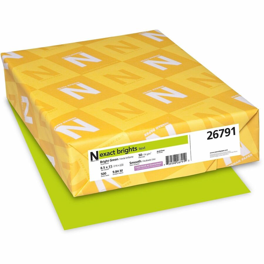 Exact Brights, Smooth Colored Paper - Green - Letter - 8 1/2" x 11" - 50 lb Basis Weight - Smooth - Printable, Lignin-free, Acid-free - Bright Green - 500 / Pack