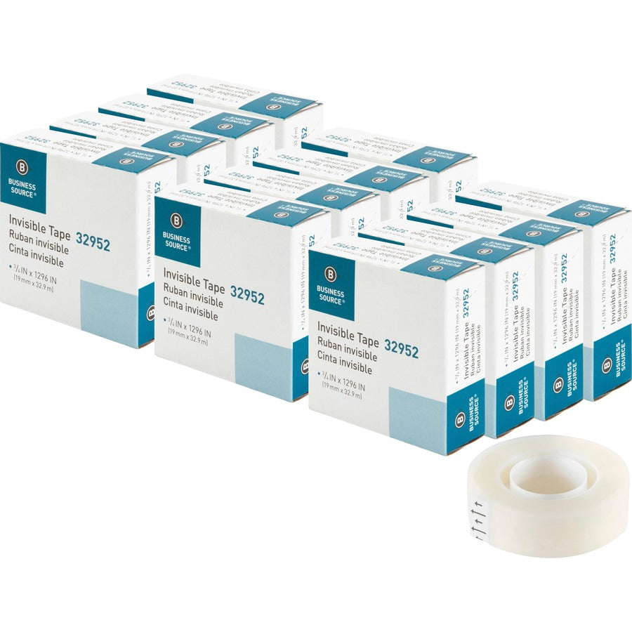 Business Source Invisible Tape Dispenser Refill Roll - 36 yd Length x 0.75" Width - 1" Core - Clear - For Mending, Splicing, Holding - 12 / Box