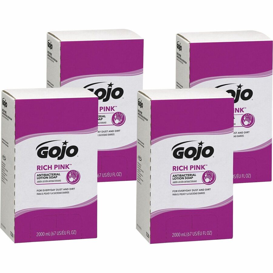 Gojo&reg, Rich Pink Antibacterial Lotion Soap Refill - 2.11 quart - Soil Remover - Antibacterial - 4 / Carton