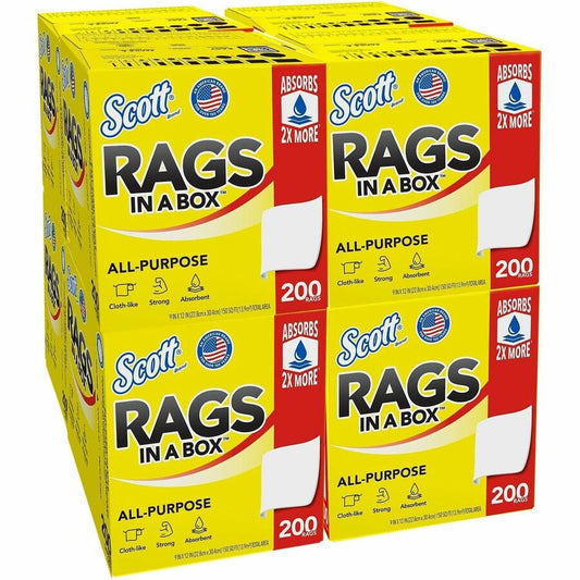 Scott Rags In A Box, - For Multipurpose - Wipe - 13" Length x 10" Width - Recommended For: Paint Remover, Spill Remover, Stain Remover - Soft, Strong, Lint-free, Absorbent - White - 200/Box - 8 / Carton