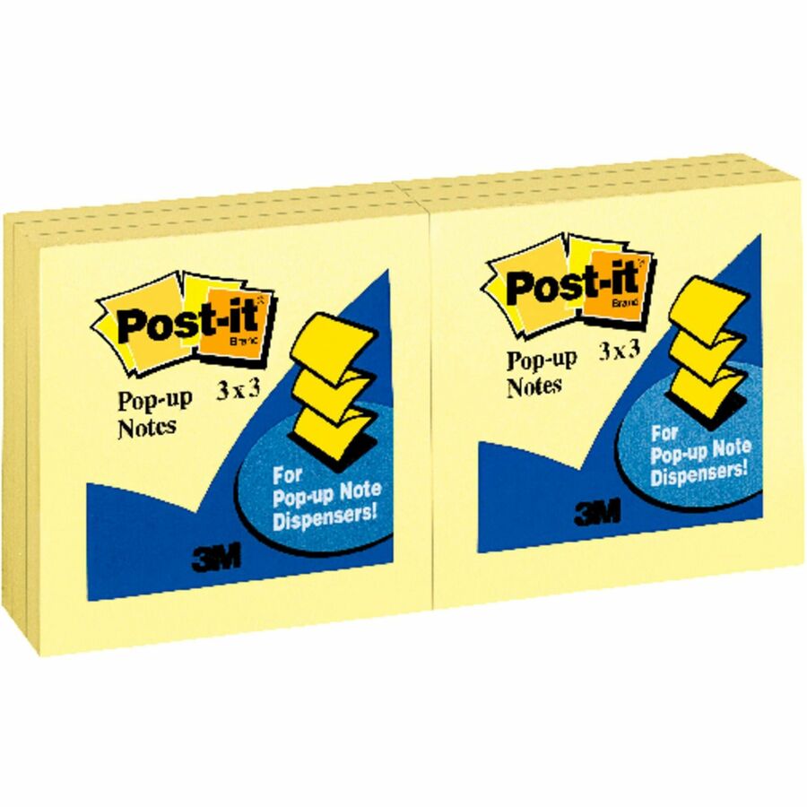 Post-it&reg, Pop-up Notes - 3" Flag/Note Width x 3" Flag/Note Length - Square - 100 Sheets per Pad - Unruled - Canary Yellow - Paper - Self-adhesive, Repositionable - 12 / Pack