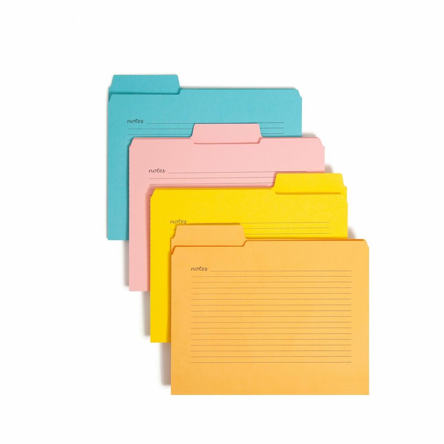 Smead SuperTab 1/3 Tab Cut Letter Fastener Folder - 8 1/2" x 11" - 1 x 2K Fastener - Top Tab Location - 11 pt. - 2 Plys - Pink, Yellow, Goldenrod, Aqua - Preprinted, Reinforced, Durable, Labeling Area - 10% Recycled - 24 / Pack
