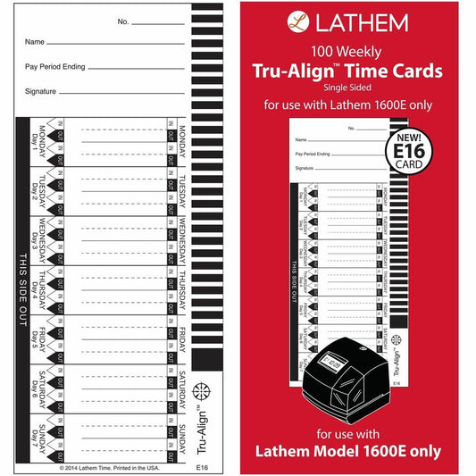 Lathem E16 Tru-Align Time Cards - 150 lb - 4" x 9" Sheet Size - White Sheet(s) - 100 / Pack