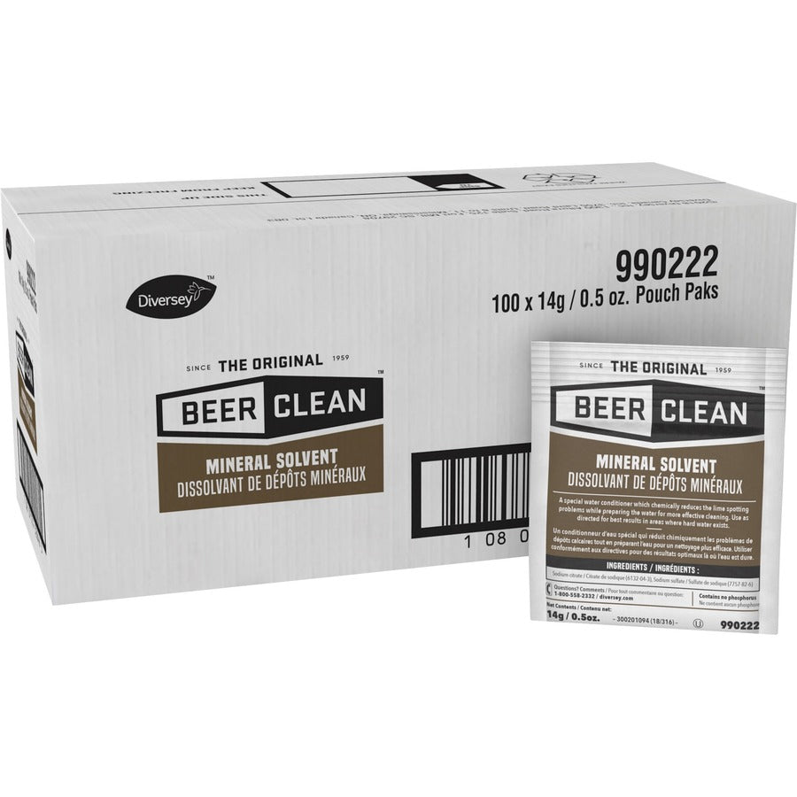 Diversey Beer Clean Mineral Solvent - For Glassware - 0.49 oz (0.03 lb) - Recommended For: Solvent Remover, Hard Water Remover - Odorless, Residue-free - White - 100 / Carton